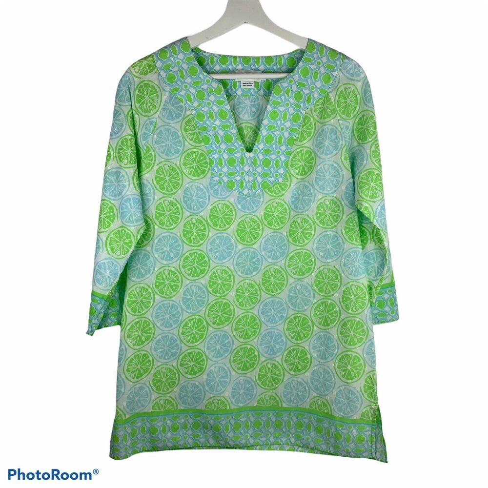 Vineyard Vines Size S Tunic Top‎ Lemon & Limes Long Sleeve Split V-neck Shirt